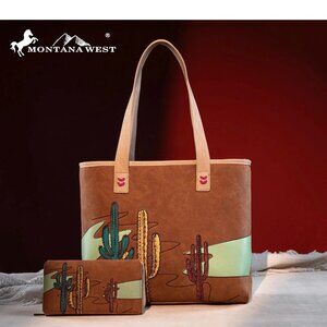 Montana West Embroidered Desert Cactus Tote w/Wallet Set MW1309G-8317W